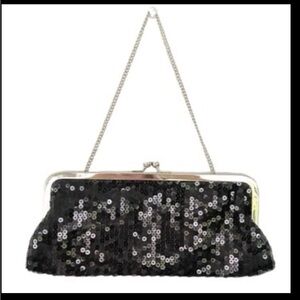Ann Taylor LOFT black silver sequin sparkle formal chain strap clutch bag NWT